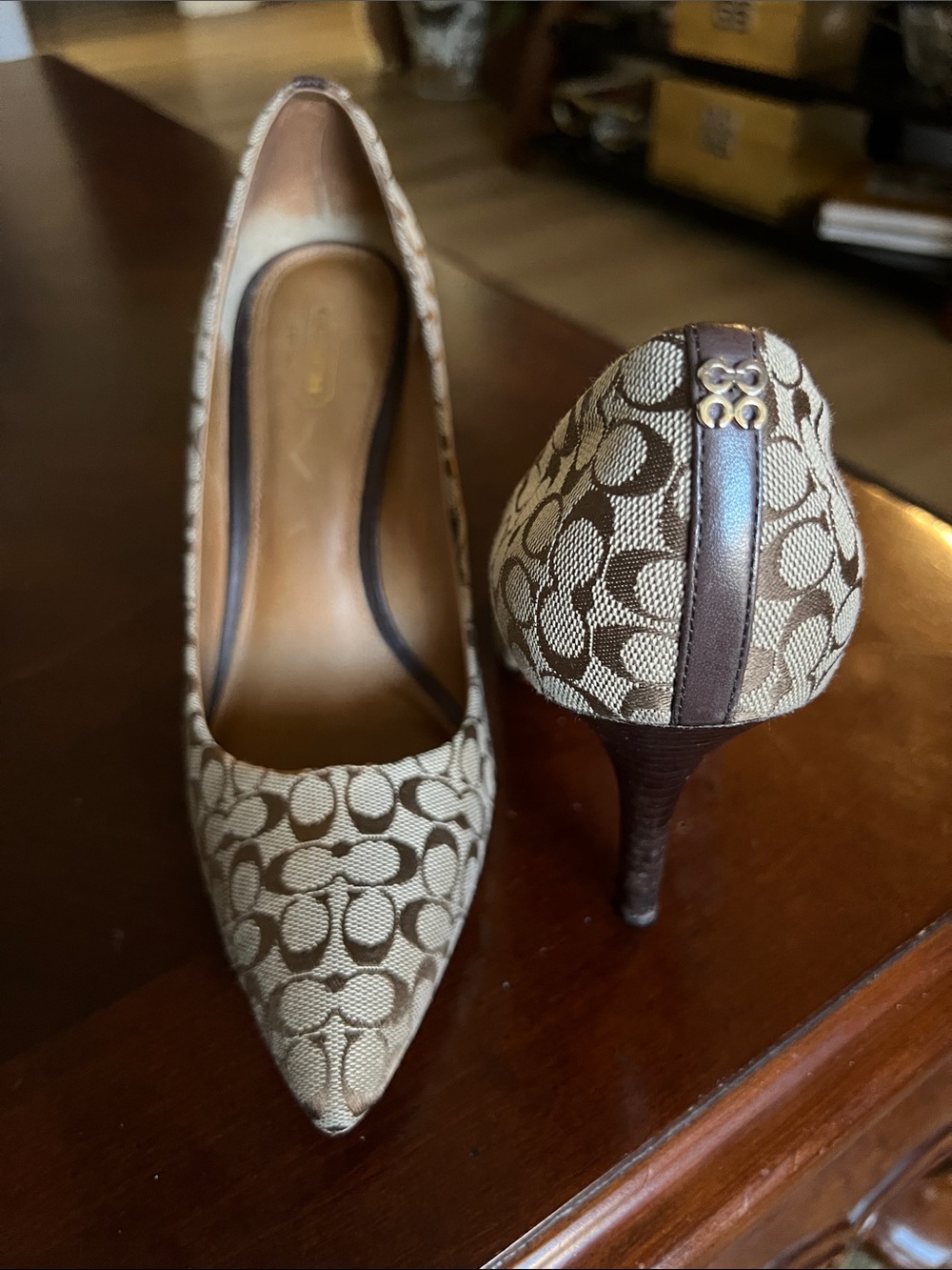 Coach Tan & Cream Signature Canvas Pointed-Toe Pumps